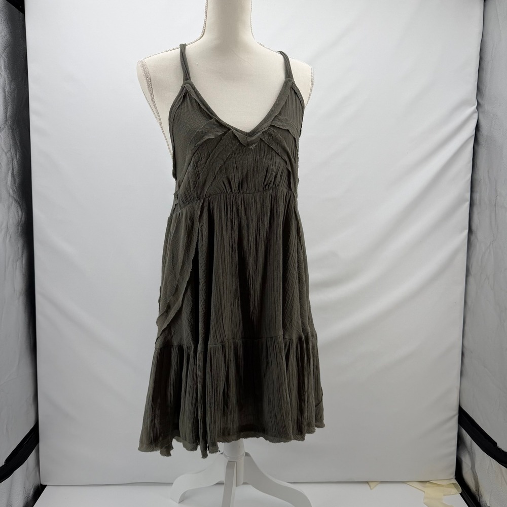 Wishlist Womens Olive Green Tiered Boho Gauze Dress Raw Edge V-Neck Small